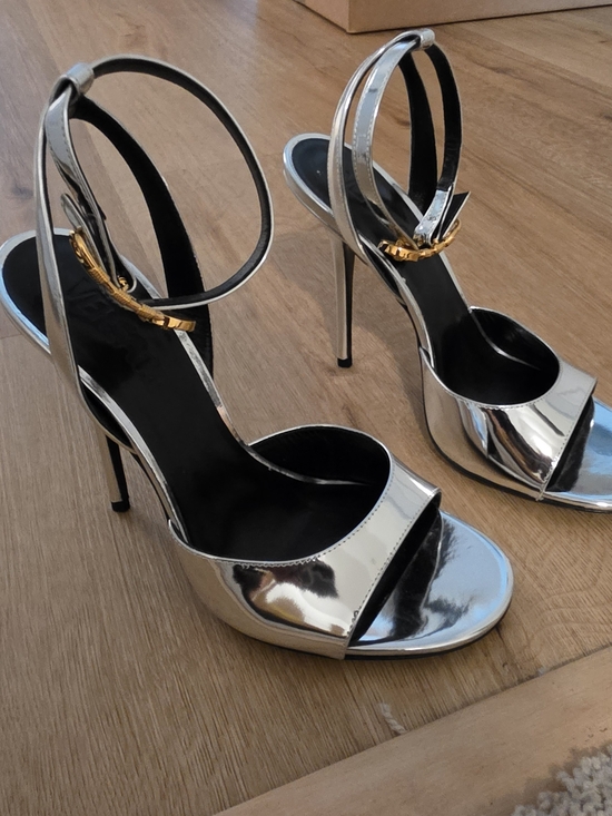 Versace Shoes - Versace Silver Mirror Metallic Open-Toe Stiletto Sandals with Gold Buckle